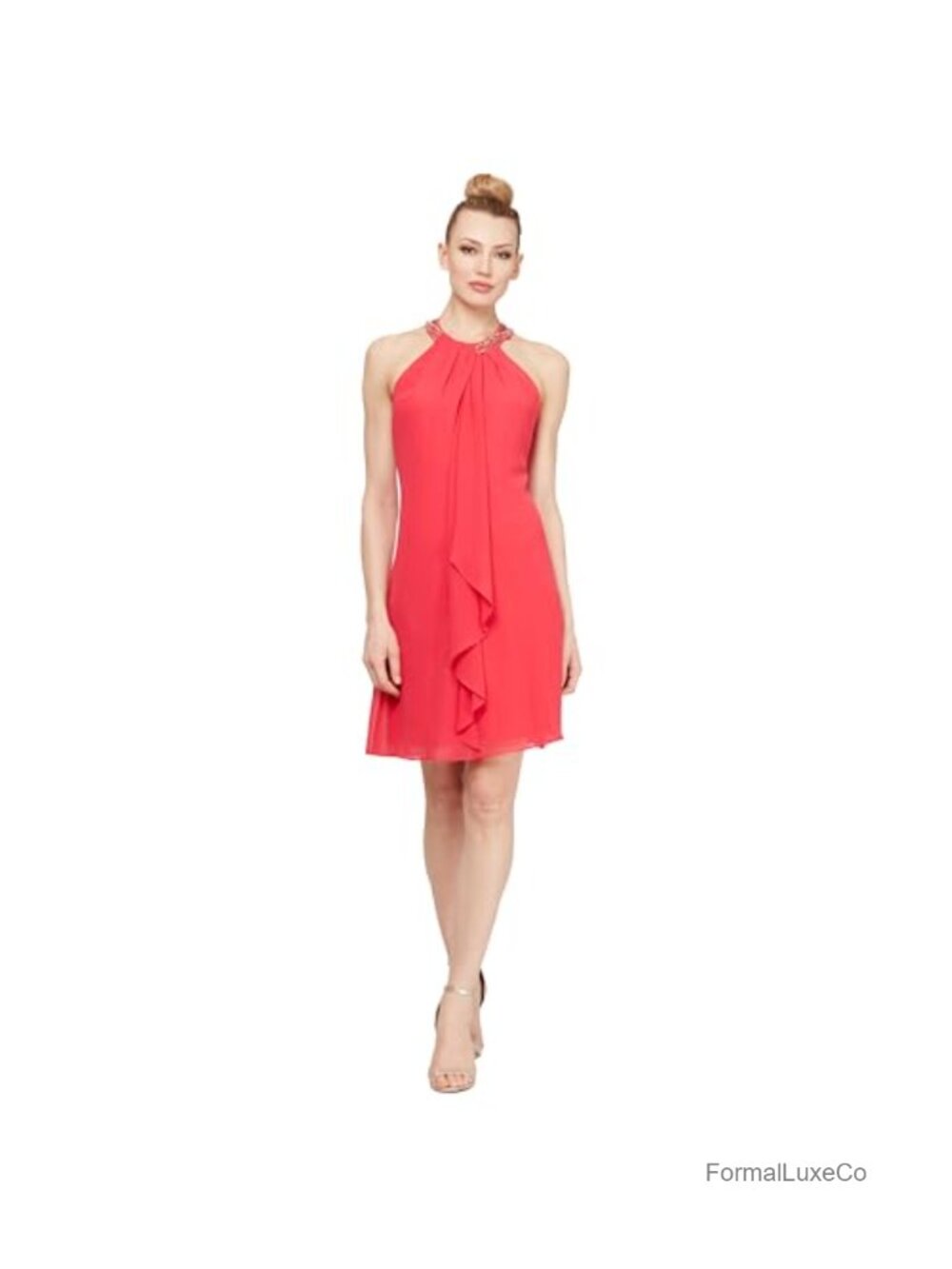 SL Fashions Beaded Halter Sheath Cocktail Dress Ruffle Front